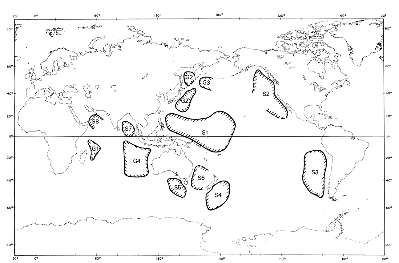 Vroegere landgebieden in de huidige Grote en Indische Oceaan